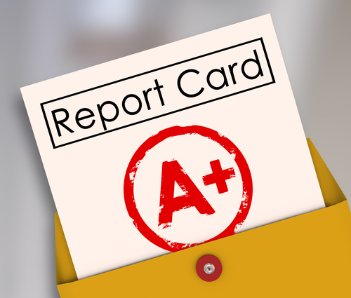 Report Card with A+ or Plus stamped on it within a yellow envelope to show your results, score, evlatuion, rating or review for a class or course